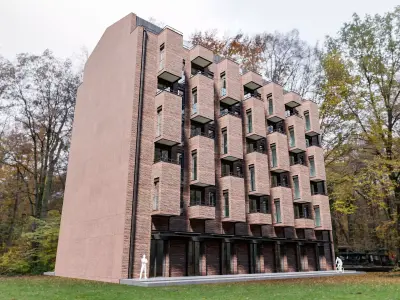 Modern Brick Apartment Building with Commercial Ground Floor Low-poly 3D model