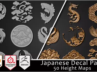 3DT Japanese Ornamental Decal and Stamp Pack Low-poly 3D model