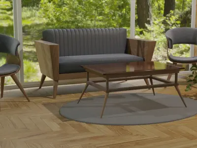 modern living room include modern wood chair and wooden sofa 3D model