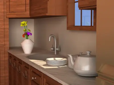 Kitchen with wooden cabinets and bar stools 3D model