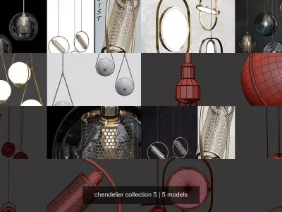 chendelier collection 5 hanging lamp with light in middle 3D Model Pack