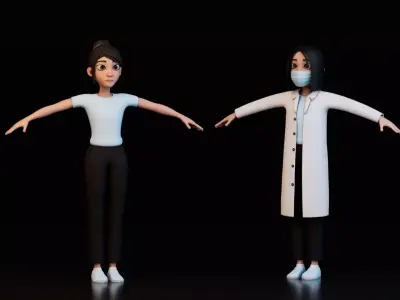 Stylized Female Character and Doctor Rigged 3D Models Low-poly 3D model