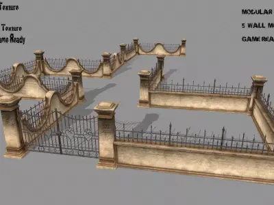 wall set stone with iron railings Low-poly 3D model