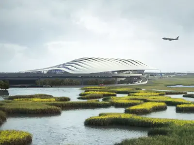 Futuristic International Airport Terminal with Wetland Landscape 3D model