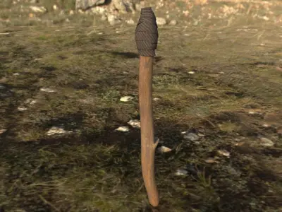 Torch wooden spear in middle of grassy field Low-poly 3D model