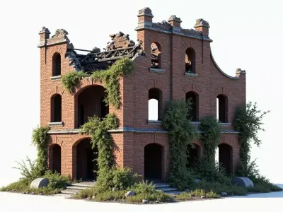 Abandoned Red Brick House 3D Model  Overgrown Post Apocalyptic Low-poly 3D model