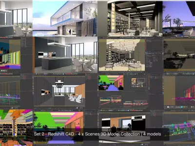 Set 2 - Redshift C4D - 4 x Scenes 3D Model Collection 3D Model Pack