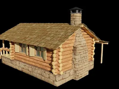Small Log Cabin with Interior Fireplace Doors and Windows Low-poly 3D model