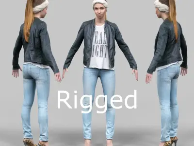 Cute girl in jeans leather jacket and bandana Rigged Low-poly 3D model