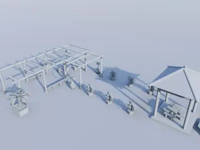 Rustic Pergola with Thatched Gazebo and Stone Path Low-poly 3D model