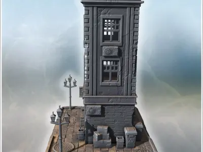 Old bookshop with large windows brick facade benches streetlight 3D print model