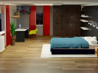 bedroom with bed and desk Low-poly 3D model