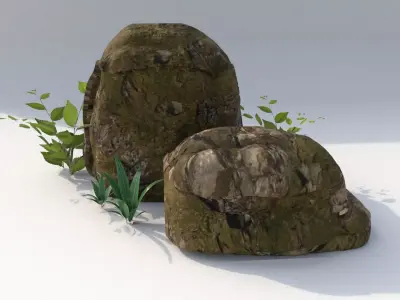 Moss rocks with bushes 3D model