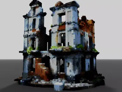 Voxel Ruined Building Post-Apocalyptic Urban Decay Low-poly 3D model