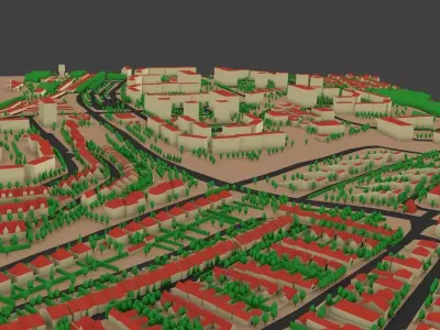 City model with trees and buildings Low-poly 3D model