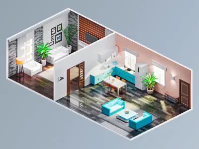 Room 1 living with furniture Low-poly 3D model