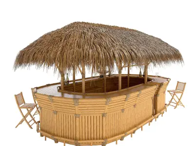 Thatched Bamboo tiki bar oval with chairs 3D model