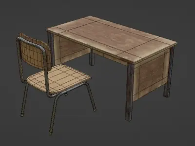 Lowpoly Old Teacher Chair and Desk Low-poly 3D model