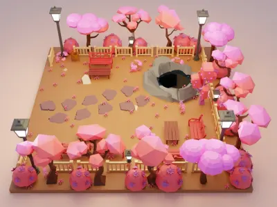 low poly fantasy pink japanese garden scene Low-poly 3D model Low-poly 3D model