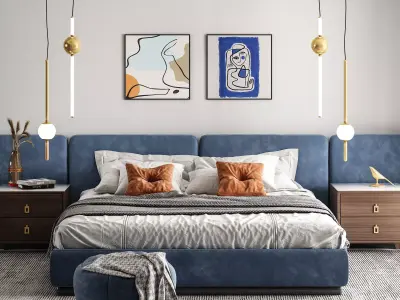 blue and gray velvet bed - bedroom 3d scene 3D model