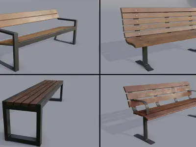 4 Street bench pack Low-poly 3D model