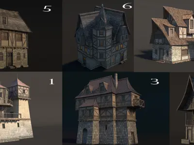 7 Set Fantasy Medieval House Set Buildings  3D model