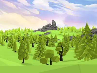 Landscape LowPoly 3D Model with trees and rocks Low-poly 3D model