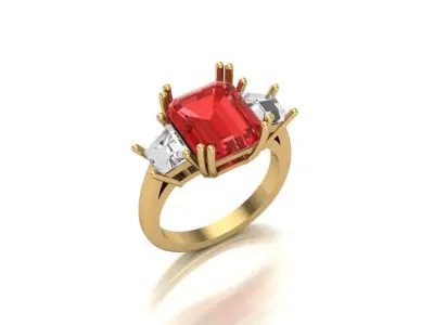 Emerald Cut Center Stone Three-Stone Ring 3D print model