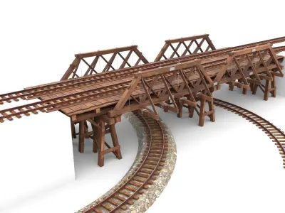 Wooden railway bridge end tracks Low-poly 3D model