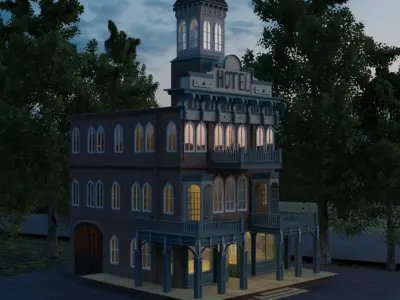 Hotel old fashioned building at dusk Low-poly 3D model