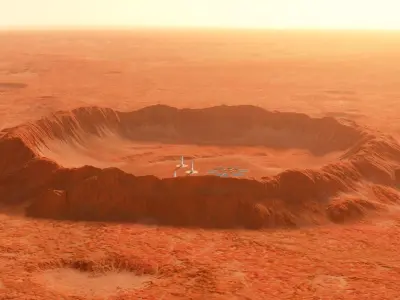  Martian base colony in the crater Planet Mars high detailed animated 3d scene 