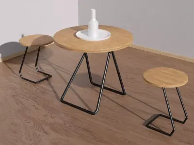 Round table and stool furniture set placed on wooden floor 3D model