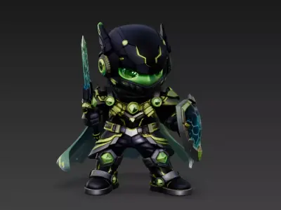 Chibi Cyber Guardian Knight Stylized Sci-Fi Fantasy 3D Character Low-poly 3D model