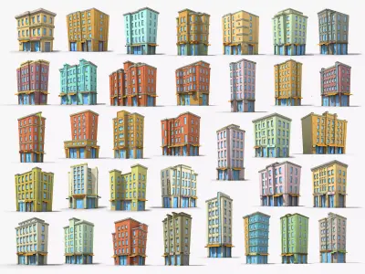 35 Cartoon Building collection Low poly 3D Model Pack