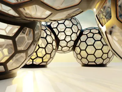 9 fused glass hexagon sci fi spherical domes 3D model