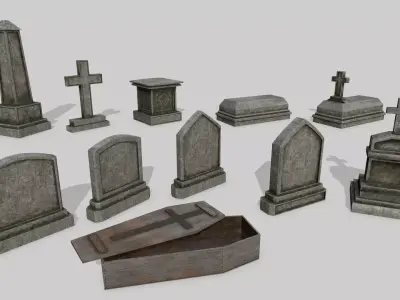 Tombstone Set two wooden coffins Low-poly 3D model