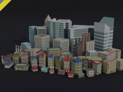 Cartoon City Asset Polygonal Style 3D Model Pack