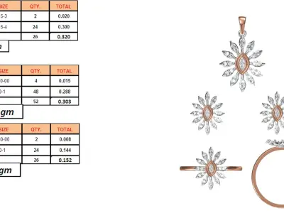 Light Minimalist Diamond Ring Earrings Pendant Set 3D print model 6