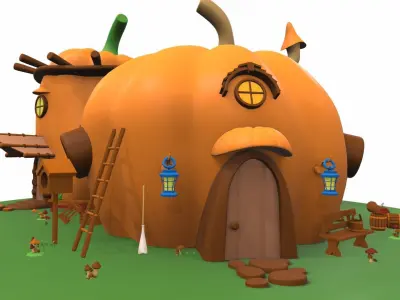 Cartoon pumpkin house and props 2 3D model