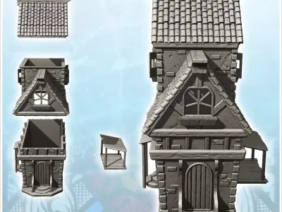 Large medieval house with tiled roof and side awning 1 - Medieva 3D print model
