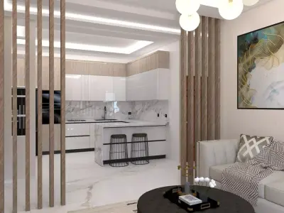  3D model  open-space living room with modern kitchen 3D model
