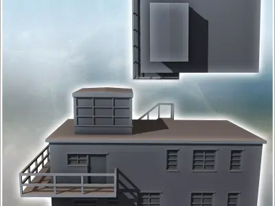 Modern flat-roofed building with observation balcony and multipl 3D print model