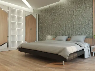Bedroom with wooden floors and arched ceiling 3D model