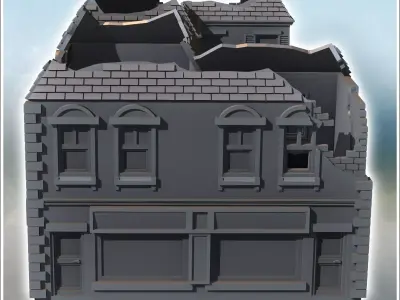 Set of two ruined urban buildings with tiled roofs exposed brick 3D print model