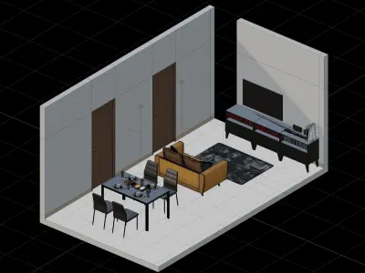 Isometric Living Dining Room With Black Furniture  3D model