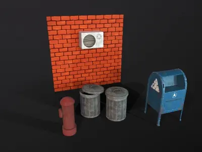 Stylized city street props trash can post box hydrant asset  Low-poly 3D model