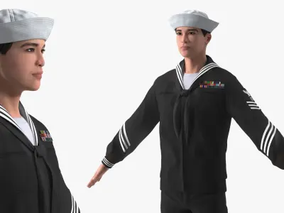  Asian Sailor US Navy in Black Uniform A-Pose 