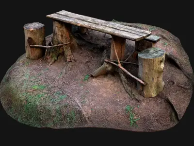 Medieval Wooden Bench and Table in the Mountains Low-poly 3D model