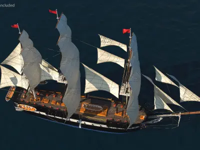 Three Masted Heavy Frigate Raised Sails 