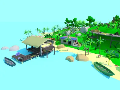 low poly cartoon tropical island scene Low-poly 3D model